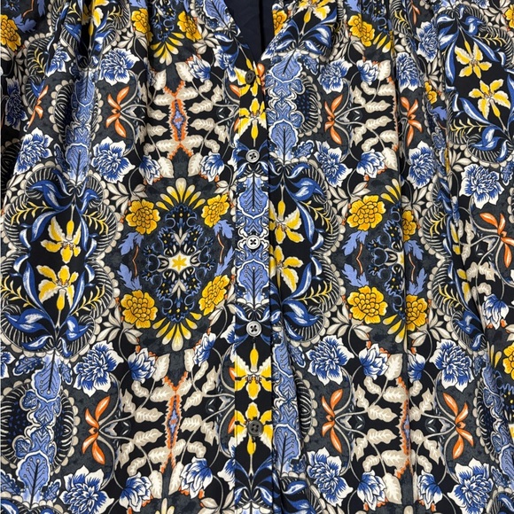 LOFT Long Sleeve Ruffled Drop Wsist Shift Dress. Navy with Yellow Floral Print - Picture 6 of 14